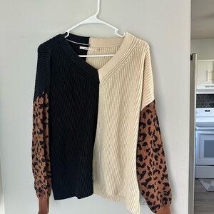 Zara Black and Cream V-Neck Sweater with Leopard Sleeves
